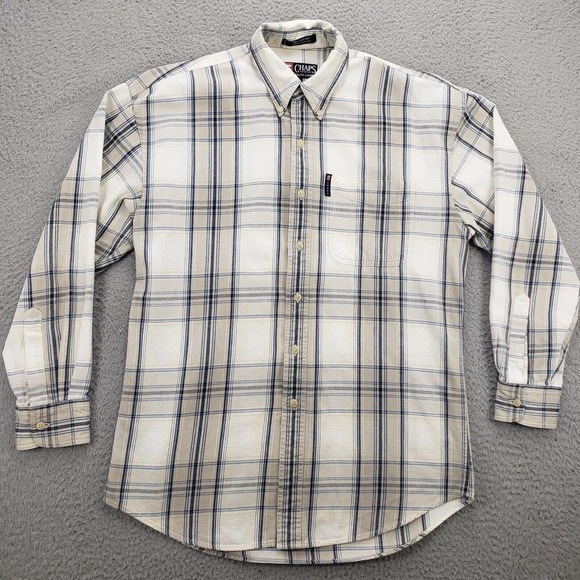 Chaps Shirt‎ Mens Medium Tan Blue Long Sleeve Button Down Pocket Preppy Plaid - Picture 1 of 13